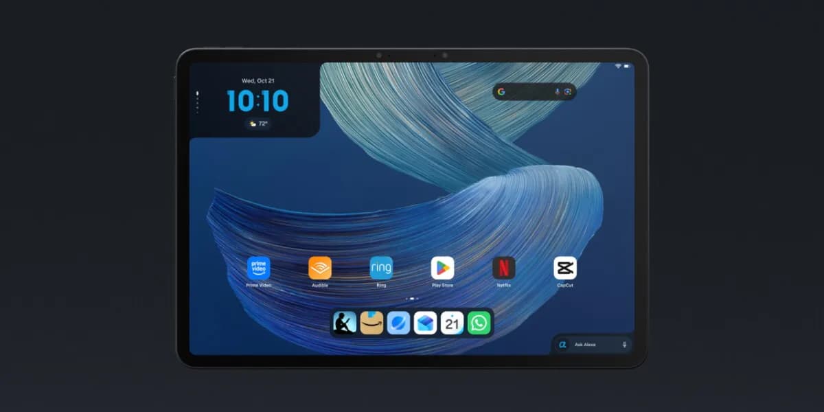 تصویر رسمی آمازون از صفحهٔ اصلی تبلت Alexa Tablet با کادر Dynamic Tab، نوار Ask Alexa و فروشگاه گوگل‌پلی