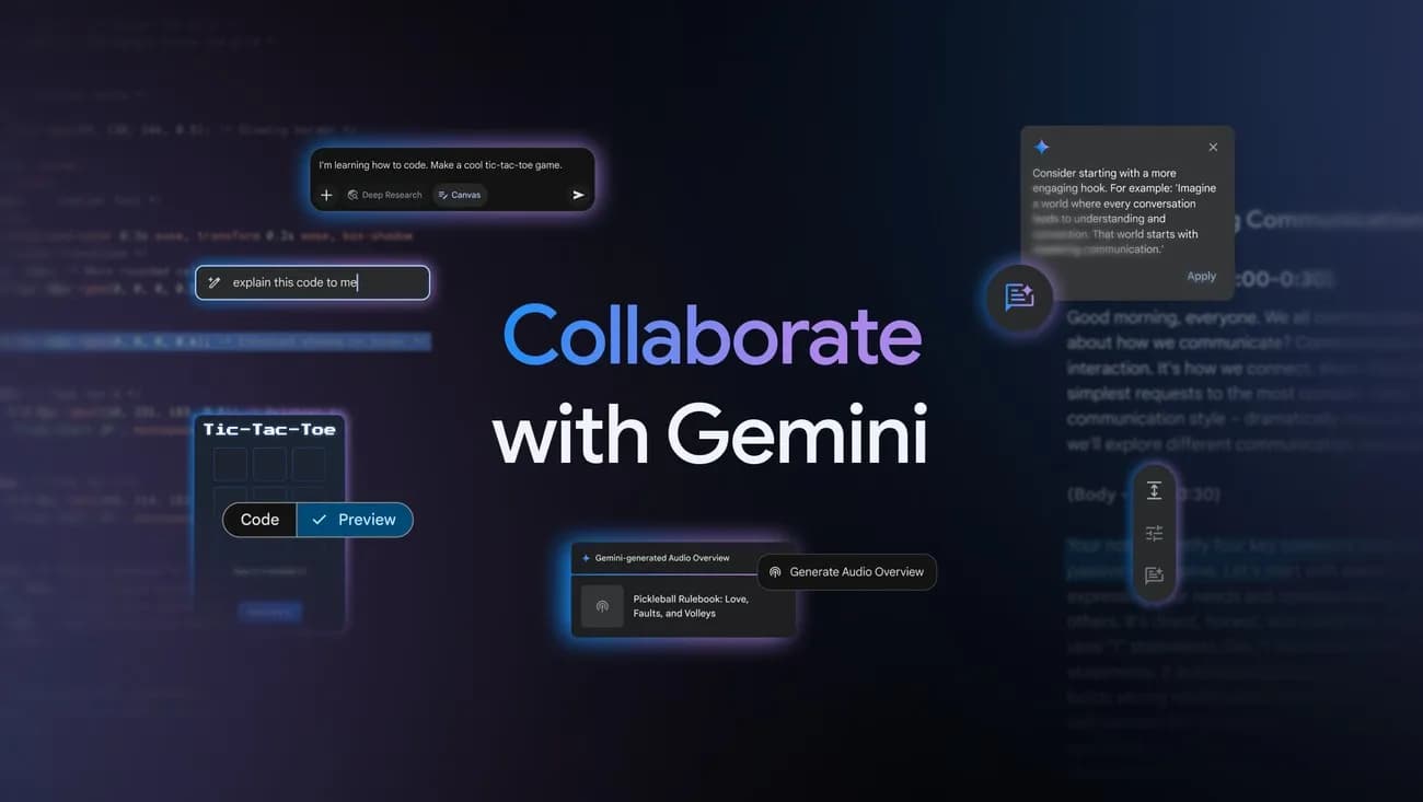 تصویر رسمی پست The Keyword برای معرفی Gemini Canvas و Audio Overview