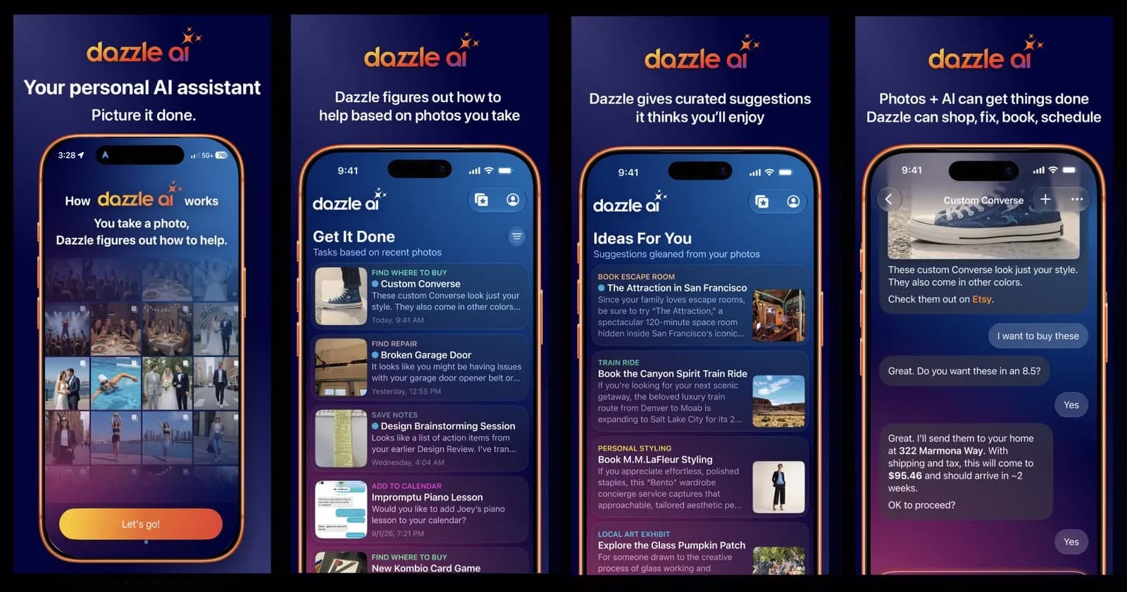 تصویر رسمی اپ Dazzle از اطلاعیهٔ عرضه؛ صفحه‌های Get It Done و Ideas دستیار هوش مصنوعی ماریسا مایر