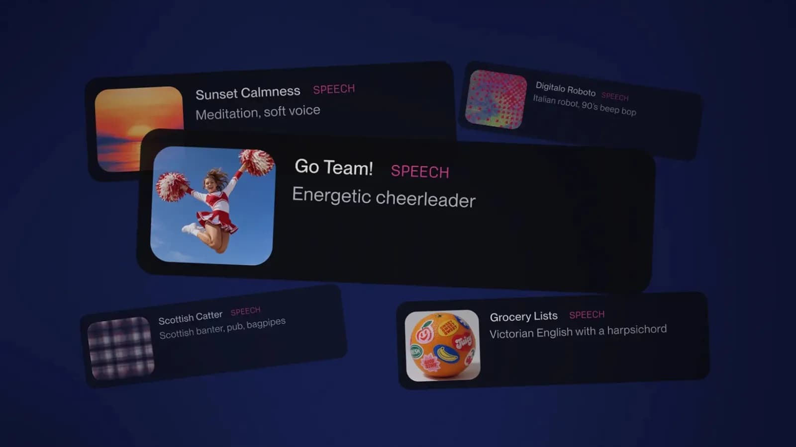 گرافیک رسمی معرفی Suno Speech (بتا) — کارت‌های نمونه با پرامپت‌هایی مثل «Energetic cheerleader» و «Victorian English with a harpsichord»