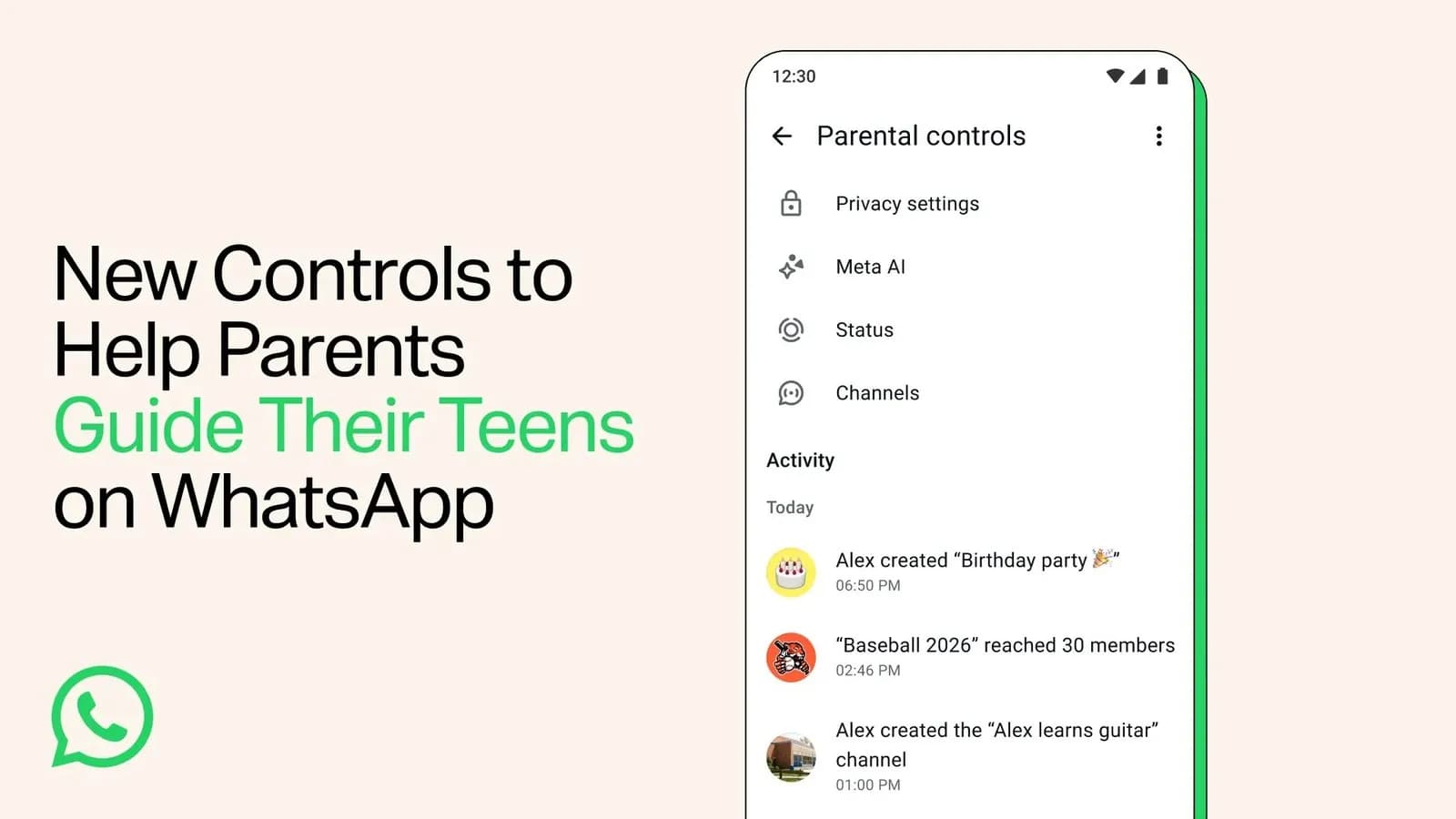 تصویر رسمی واتساپ از صفحهٔ Parental controls با گزینه‌های Privacy settings، Meta AI، Status و Channels و فهرست فعالیت نوجوان