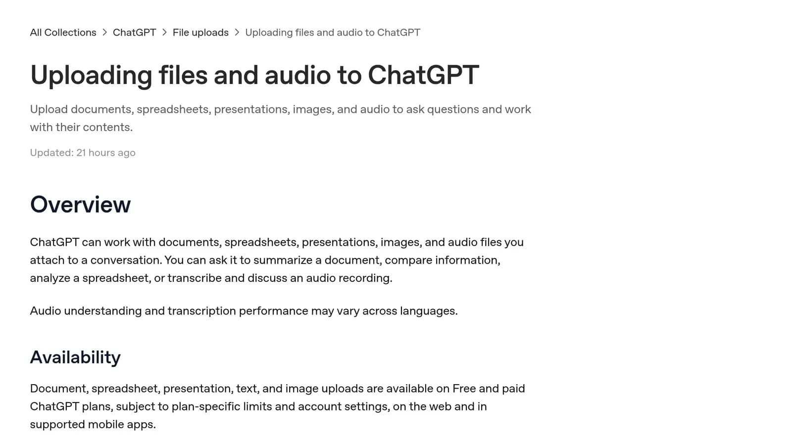 تصویر صفحهٔ رسمی مرکز راهنمای OpenAI با عنوان Uploading files and audio to ChatGPT دربارهٔ آپلود فایل صوتی در ChatGPT