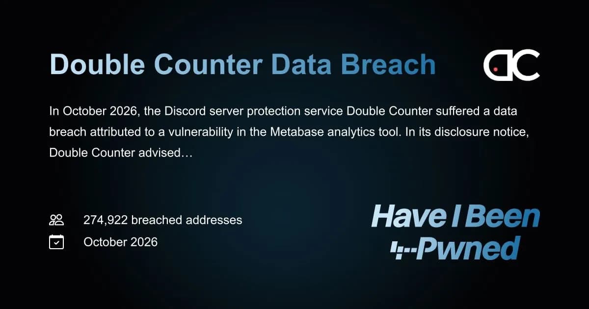 کارت نشت اطلاعات Double Counter در سایت Have I Been Pwned با لوگوی Double Counter و عدد ۲۷۴٬۹۲۲ ایمیل افشاشده در اکتبر ۲۰۲۶