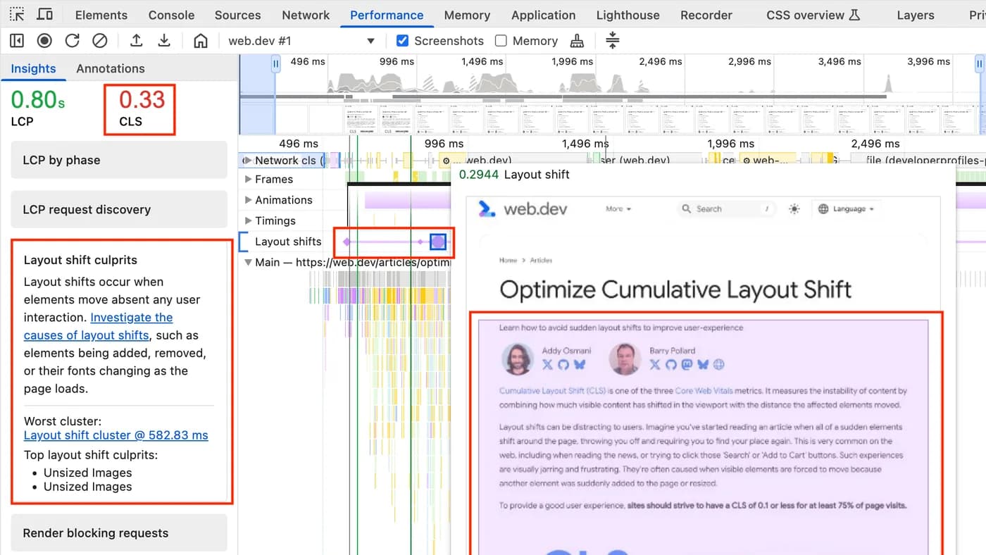 نمای واقعی پنل Performance کروم با نشان‌های پرش چیدمان و عدد نمونهٔ CLS؛ اسکرین‌شات مستندات web.dev