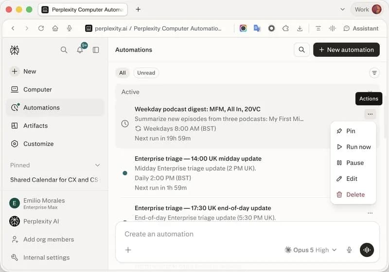 تصویر رسمی مرکز راهنمای پرپلکسیتی از داشبورد Automations در Perplexity Computer با منوی Actions