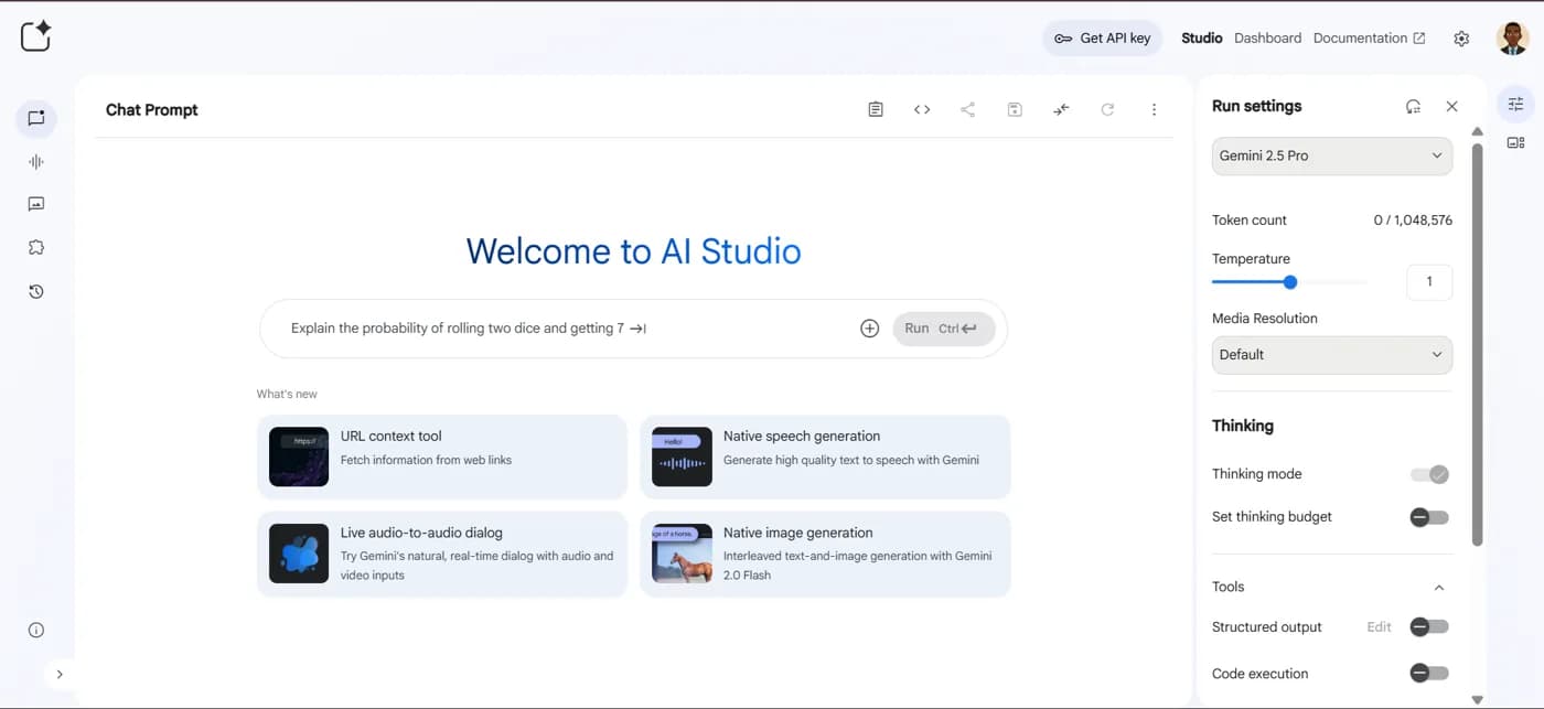 تصویر آرشیوی از رابط Google AI Studio در ژوئیهٔ ۲۰۲۵؛ نمای Build Mode فعلی نیست