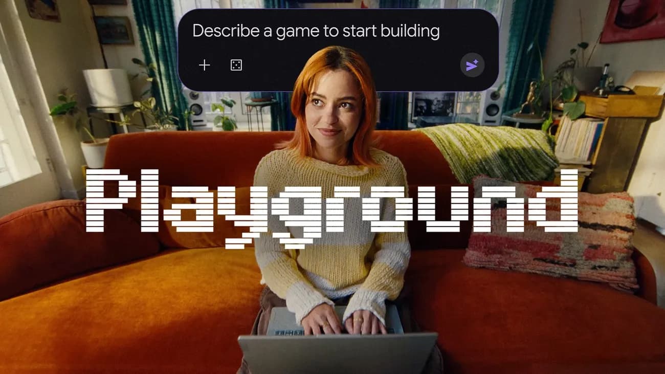 تصویر رسمی معرفی Google Playground: زنی با لپ‌تاپ روی کاناپه، کادر «Describe a game to start building» و نوشتهٔ پیکسلی Playground