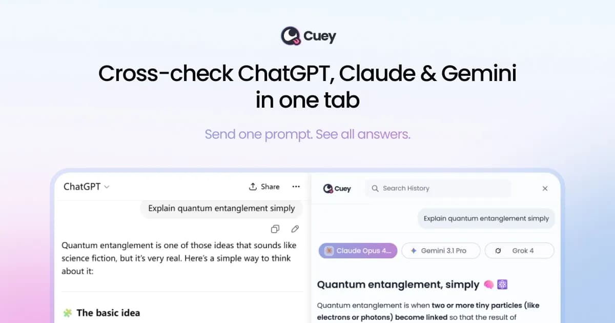 تصویر رسمی Open Graph سایت Cuey — مقایسه ChatGPT و Claude و Gemini در یک تب