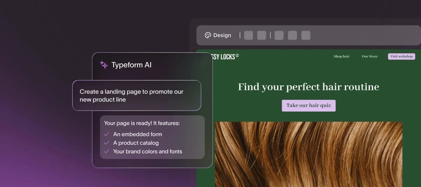 تصویر رسمی تایپفرم از ساخت صفحهٔ فرود با چت Typeform AI در کنار پیشنمایش صفحهٔ ساختهشده