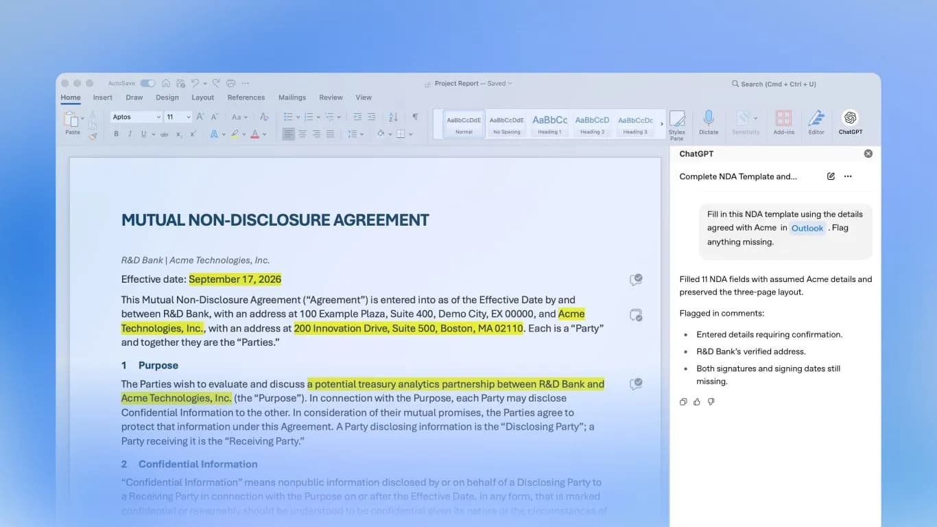 اسکرینشات منتشرشده از ChatGPT داخل Microsoft Word (سایدبار)