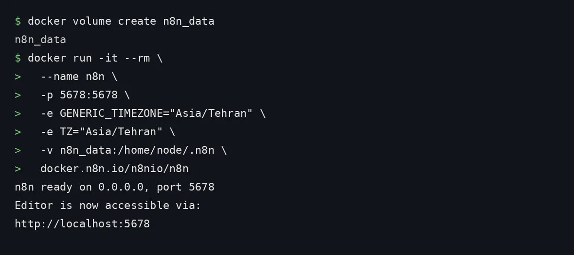 رندر دستورهای واقعی ترمینال برای اجرای n8n با داکر