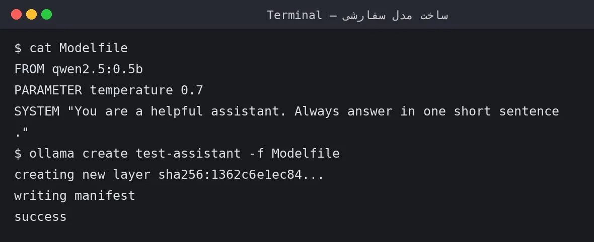 خروجی واقعی ساخت مدل سفارشی با Modelfile و دستور ollama create