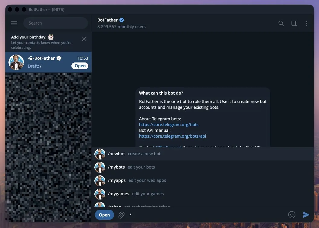 اسکرینشات واقعی گفتوگوی BotFather در تلگرام و منوی دستور newbot — منبع: مخزن آموزشی در گیتهاب