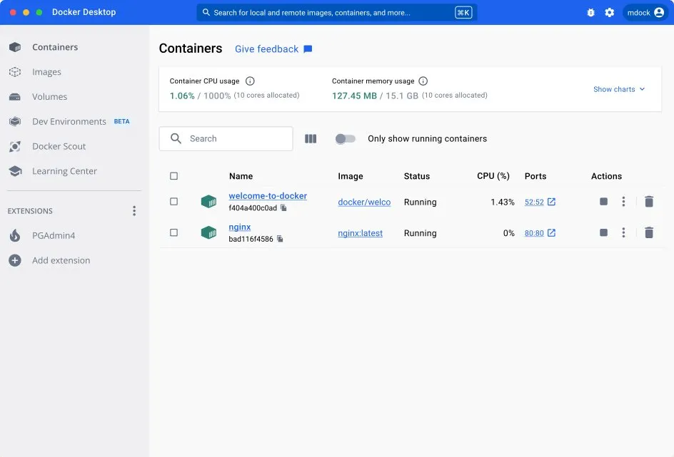 محیط واقعی Docker Desktop با فهرست کانتینرهای در حال اجرا
