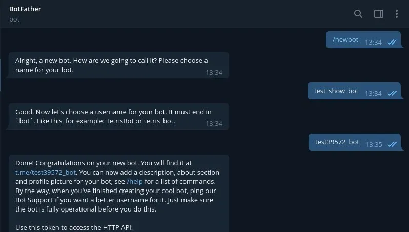 اسکرین‌شات واقعی گفت‌وگوی BotFather هنگام ساخت بات با دستور newbot و دریافت توکن